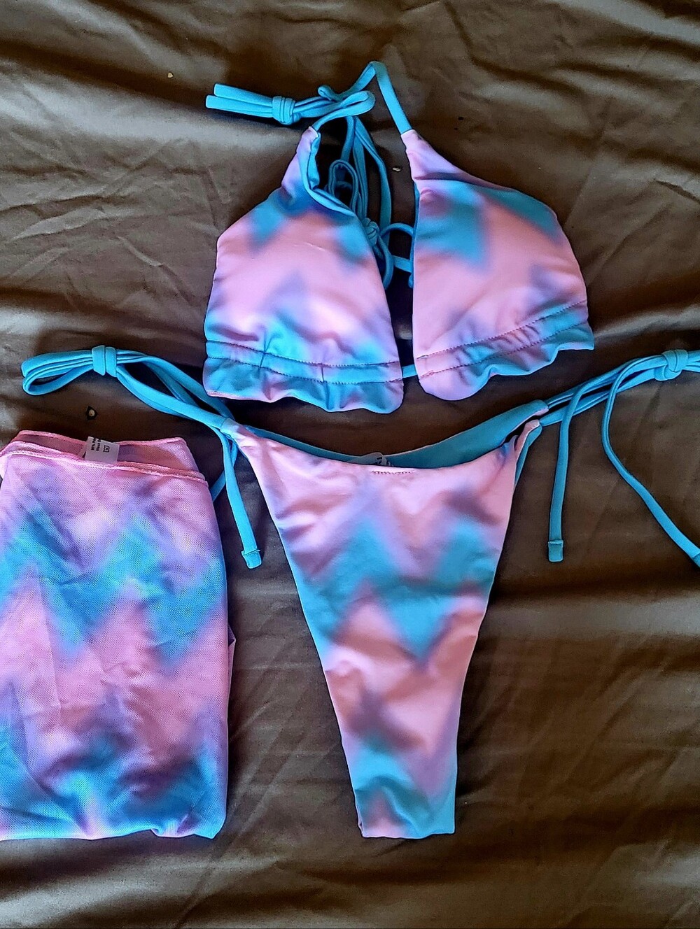 3 pc Pink & Blue Tie-Side Bikini Set